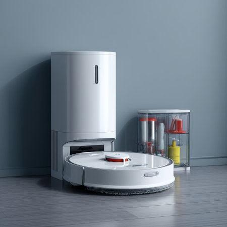 A sleek robotic vacuum cleaner paired with a docking station and cleaning supplies, set in a minimalist home space, highlighting advanced cleaning technology and modern design.の素材