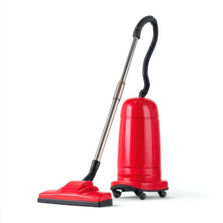 Stylish red vacuum cleaner designed for efficient home cleaning. This lightweight appliance features a durable hose and ergonomic handle for easy maneuverability.の素材
