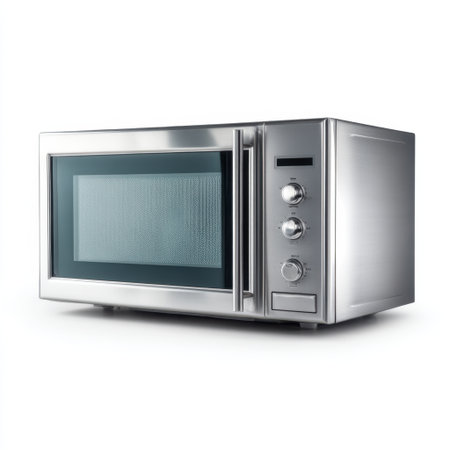 A stylish and functional stainless steel microwave oven showcasing a glass door and simple control panel, perfect for quick meals and modern kitchen environments.の素材