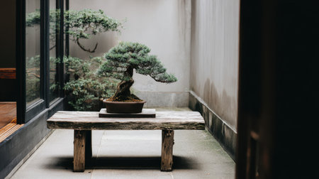 A captivating bonsai tree sits on a rustic wooden table, surrounded by lush greenery in a minimalist zen garden, offering a perfect blend of tranquility and nature's beauty.の素材