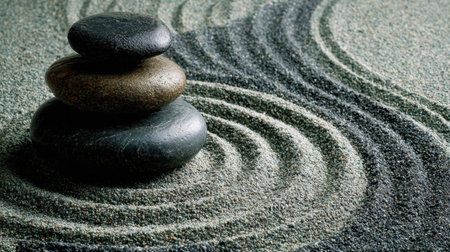 A serene zen garden featuring stacked stones atop smooth raked sand, creating calming patterns that evoke tranquility and mindfulness for relaxation or meditation.の素材