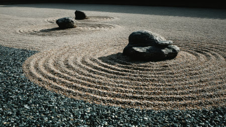A tranquil zen garden featuring meticulously raked sand patterns surrounding smooth rocks creates an oasis of calmness perfect for meditation and reflection.の素材