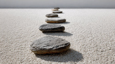 A tranquil zen garden featuring a path of round stones on a smooth white gravel surface, creating a peaceful atmosphere ideal for meditation or relaxation.の素材