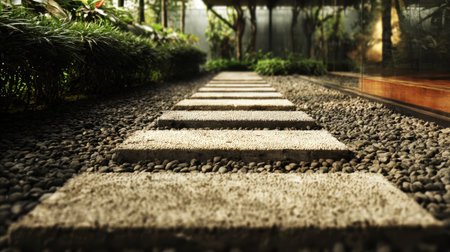 A serene garden pathway with textured granite stones surrounded by vibrant greenery. This tranquil outdoor setting is perfect for relaxation and meditation.の素材