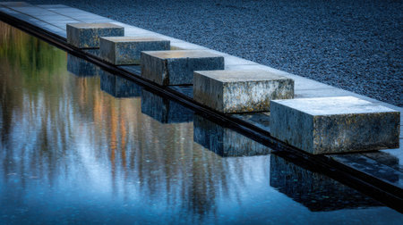A tranquil scene featuring stone blocks placed along the edge of a reflective water surface, emphasizing a serene yet modern landscape design. Ideal for nature themes.の素材