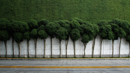 A beautifully manicured green wall showcases neatly trimmed shrubs along a modern urban sidewalk, merging nature and city life to create a tranquil outdoor scene.の素材