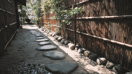 A serene garden path lined with smooth stones and gravel, bordered by natural bamboo fencing and lush greenery, perfect for meditation and relaxation in nature.の素材