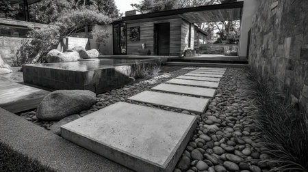 A stunning modern garden features a stylish pathway made of concrete slabs and pebbles surrounded by lush greenery, showcasing a serene outdoor space in black and white tones.の素材