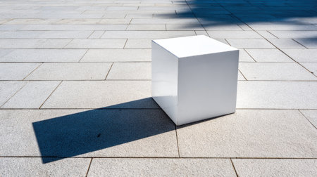 A minimalist white cube sits on a sleek stone surface, casting a sharp shadow, surrounded by a modern outdoor environment under bright sunlight.の素材