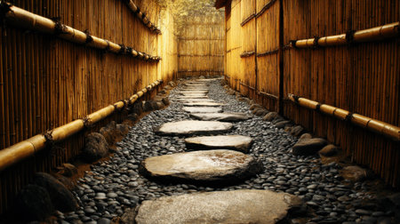 Pathway made of smooth stones leads through a bamboo-lined space, inviting visitors to explore a serene garden filled with natural beauty and tranquility.の素材