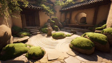 Explore a tranquil Japanese Zen garden featuring smooth stones, lush greens, and gentle contours. Perfect for relaxation and meditation, this serene outdoor space invites peace.の素材