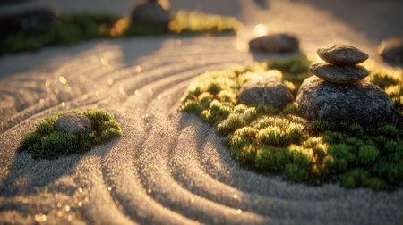This serene zen garden features meticulously raked sand, balanced stones, and vibrant green moss, creating a peaceful and calming atmosphere for meditation and reflection.の素材