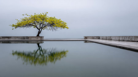 An isolated tree stands gracefully near calm water, capturing a tranquil reflection in a minimalist setting. The soft fog creates a peaceful atmosphere perfect for relaxation.の素材