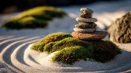 A serene scene depicting stacked stones resting on green moss in a gentle sandy environment, perfect for conveying feelings of peace, balance, and nature's beauty.の素材