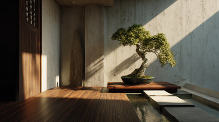 Experience tranquility in a minimalist indoor space featuring a stunning bonsai tree, natural light, and textured concrete wall that represents modern serenity.の素材