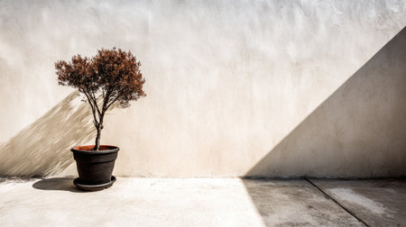 A solitary potted plant stands elegantly against a textured wall, casting a delicate shadow. The composition emphasizes tranquility and minimalism in interior design.の素材