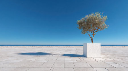 A solitary tree stands in a minimalist urban setting under a clear blue sky, casting a soft shadow on the pavement, creating an atmosphere of tranquility and calm.の素材