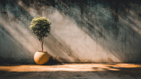 A minimalist scene featuring a solitary potted plant casting gentle shadows against a weathered wall. The interplay of light and texture creates a tranquil atmosphere.の素材