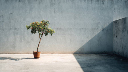 A solitary green tree in a terracotta pot occupies a minimalist outdoor area, offering a serene contrast against a textured gray wall and soft shadows.の素材