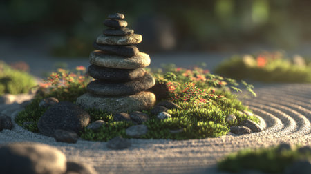 Capture the essence of tranquility with this serene zen garden scene, featuring a stacked rock formation surrounded by lush greenery and artistic sand patterns.の素材