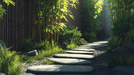 A tranquil garden pathway designed with stone tiles winding through lush bamboo and colorful flowers, creating a serene outdoor atmosphere filled with natural beauty.の素材