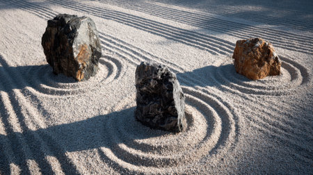 Experience tranquility in this serene zen garden featuring elegant stones surrounded by raked sand, ideal for meditation and peaceful reflection in natureの素材
