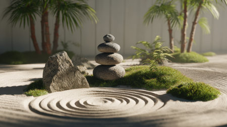 A serene Zen garden scene featuring stacked stones, expertly raked sand, and lush greenery, ideal for promoting relaxation and mindfulness in any space.の素材