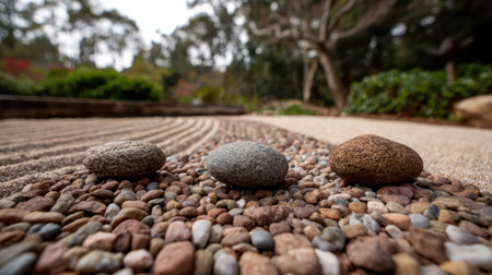 A serene zen garden showcasing smooth stones on a bed of pea gravel and meticulously raked sand. This tranquil scene evokes relaxation and mindfulness amidst lush greenery.の素材