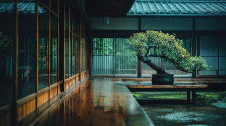 A serene Japanese garden featuring a detailed bonsai tree, glistening after rain, and a stunning wooden surface reflecting the tranquil atmosphere of nature.の素材