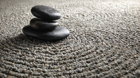 A peaceful composition featuring three smooth black stones arranged on a textured gray surface, promoting relaxation and tranquility in wellness spaces and mindful practices.の素材