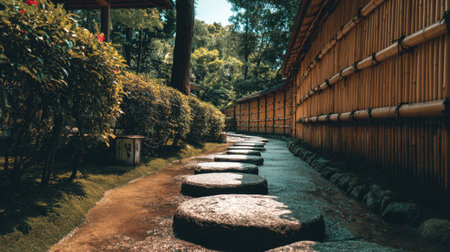 Discover a tranquil garden pathway featuring natural stone stepping stones beside a bamboo wall, enveloped in lush greenery and warm sunlight for a serene experience.の素材