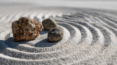 A serene zen garden featuring smooth stones placed on raked sand patterns, creating a tranquil setting ideal for meditation, mindfulness, and relaxation.の素材