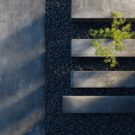 A serene minimalist garden with concrete slabs arranged on a gravel surface, topped with a vibrant green plant, creating a calming outdoor atmosphere.の素材