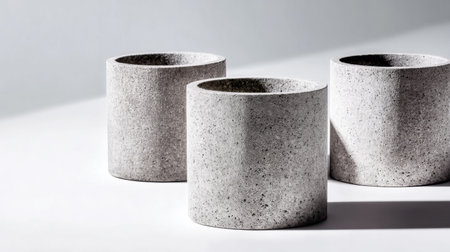 A set of three modern concrete planters showcases a minimalist style. Their unique textures and shapes create a striking aesthetic, perfect for indoor settings and plant lovers.の素材