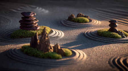 Discover a peaceful zen garden scene featuring balanced stones, lush greenery, and serene sand patterns that evoke a sense of tranquility and mindfulness.の素材