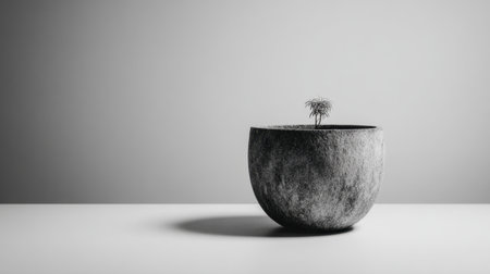 A minimalist monochrome image of a flowerpot featuring a delicate sprout, highlighting themes of growth and tranquility in a serene artistic environment.の素材