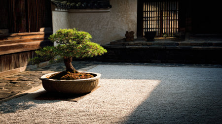 A serene Japanese garden scene featuring a beautifully pruned bonsai tree in a stone pot, surrounded by soft sunlight and a calming stone pathway.の素材