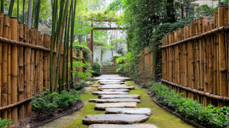 Discover a tranquil garden pathway framed by vibrant greenery and rustic bamboo fences, offering a serene escape into nature's beauty and peaceful environment.の素材