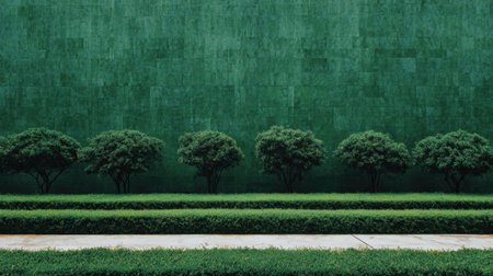 This image features a striking green wall complemented by neatly arranged shrubs and a pathway, creating a refreshing and serene outdoor scene perfect for landscape enthusiasts.の素材