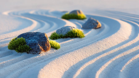 This serene beach image features gentle sand waves, smooth stones, and vibrant green grass, capturing the essence of tranquility and natural beauty in a peaceful setting.の素材