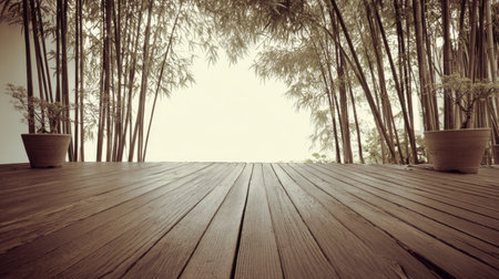A peaceful wooden deck surrounded by lush bamboo plants creates a serene atmosphere ideal for meditation and relaxation, inviting calmness into any outdoor space.の素材