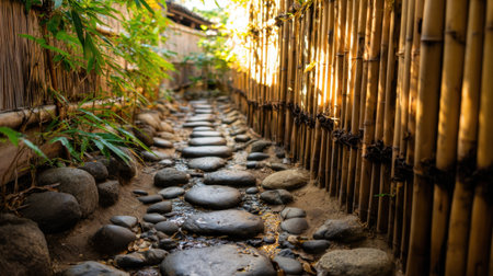 A peaceful pathway made of smooth stones runs through a bamboo-lined garden, capturing the essence of tranquility and natural beauty for relaxation and reflection.の素材