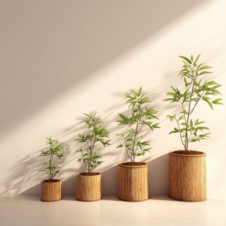 A beautiful arrangement of green plants in decorative pots of different heights, set against a minimalistic wall, illuminated by soft natural light creating a serene atmosphere.の素材