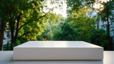 A minimalist blank surface sits on a table, framed by lush green trees and soft sunlight, creating a serene backdrop for product displays and artistic presentations.の素材