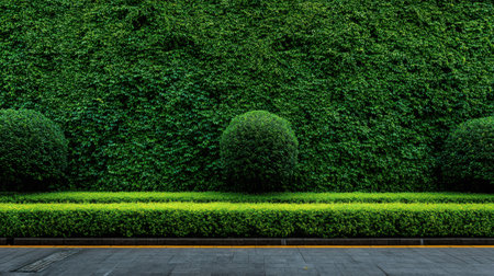 This image showcases a vibrant green wall adorned with carefully shaped shrubs and a trimmed hedge, creating a serene outdoor atmosphere in an urban setting.の素材