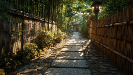 A serene bamboo pathway meanders through a lush garden, with sunlight gently illuminating the stones and greenery, creating a tranquil escape for nature lovers.の素材