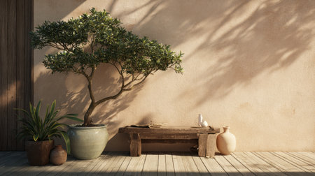 Experience a serene indoor garden featuring warm sunlight, a rustic wooden bench, and potted greenery that creates a calming and inviting atmosphere in any home.の素材