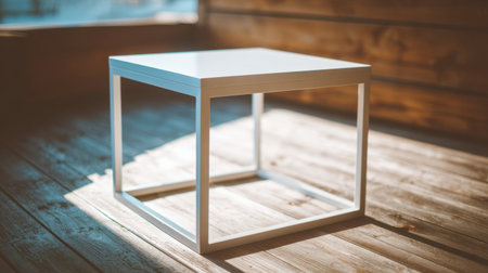 A sleek white square table sits gracefully on a wooden floor in a minimalist interior, bathed in gentle sunlight, embodying simplicity and modern design.の素材