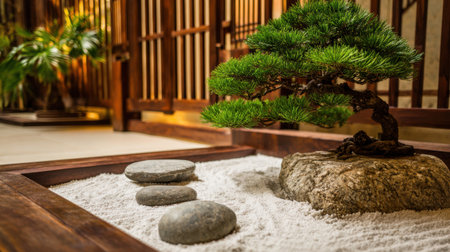 An artistic representation of a zen garden featuring a beautifully groomed bonsai tree and carefully arranged stones on soft white sand, embodying tranquility.の素材