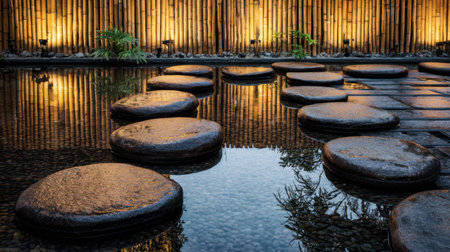 A serene garden scene featuring smooth stone pathways across reflective water, illuminated by soft lights and framed by lush bamboo, creating a peaceful atmosphere.の素材